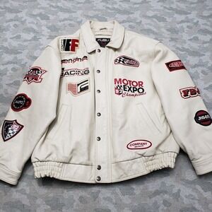 VTG Fubu Leather Racing Jacket Mens 2XL Beige Y2K 90s Streetwear